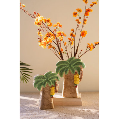  Ceramic Palm Tree Vases 10"H Multi Color Glazed Tropical Accent Set of 2