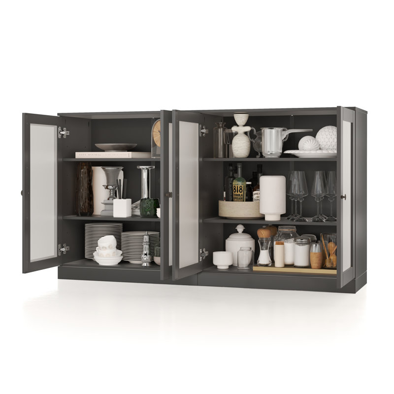 100% Solid Wood 64" Sideboard with Frosted Glass Doors and Adjustable Shelves, Gray
