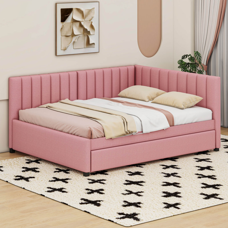 Upholstered Daybed with Trundle Sofa Bed Frame, Pink, Twin