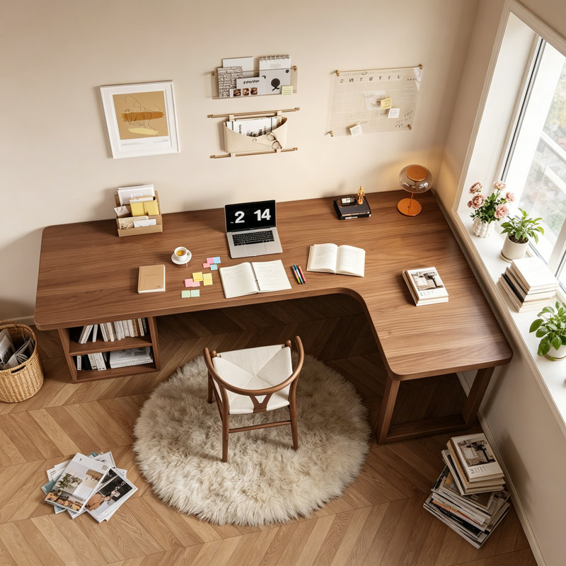 Bureau en L en bois de pin massif brun en forme de L, 29.5" H x 70.87" W x 39.4" D