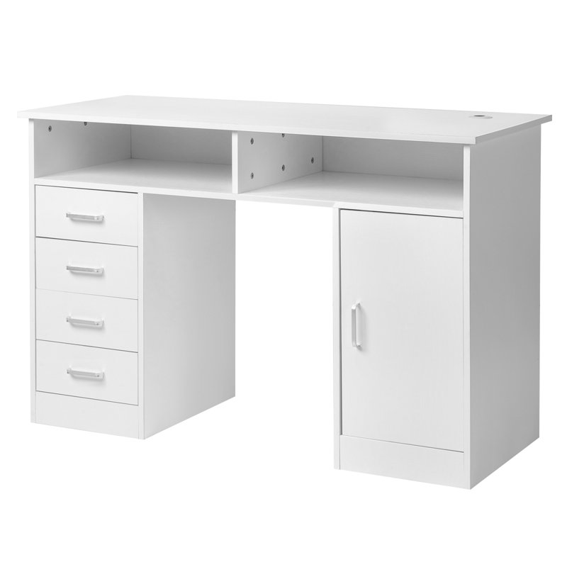 47.24in White Particle Board with Wood Grain Melamine Laminated, One Door, Four Drawers, and Compartments, Computer Desk