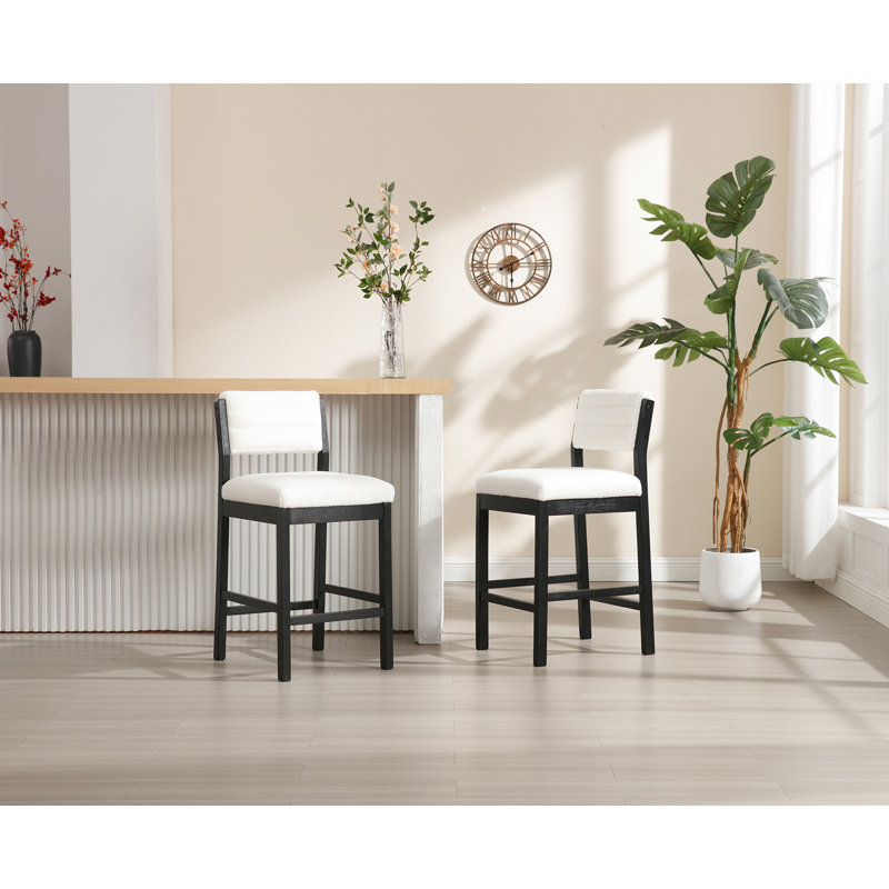 Tabouret de comptoir rembourré 26,5 po Tebbo avec structure en bois massif, Blanc, Noir