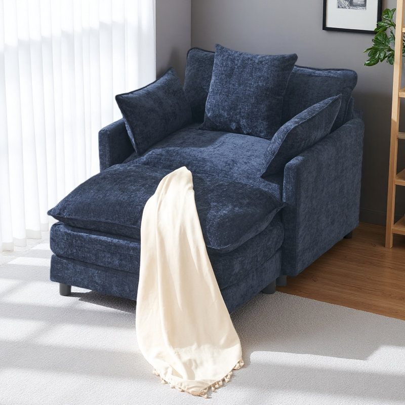 39.4" Modern Accent Chair With Ottoman, Living Room Club Chair Chenille Upholstered Armchair, Blue