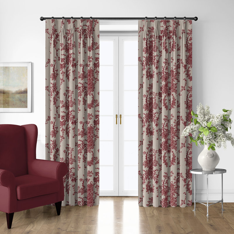 Country Lane Toile Crimson Cotton Pinch Pleat Drapery Panel Set of 2, 40" W  x 108" L