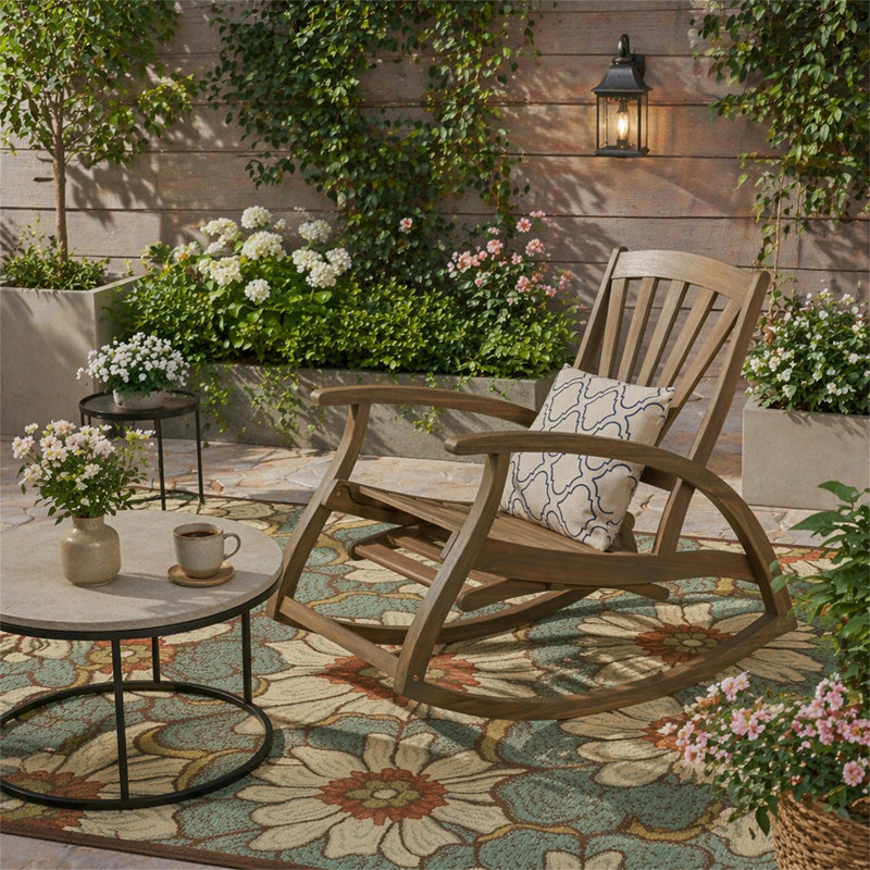 Chaise berçante d'extérieur en bois d'acacia avec repose-pieds rétractable, Gray