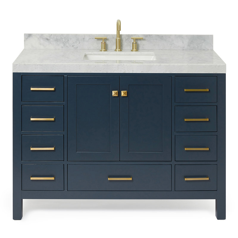 Cambridge Single Bathroom Vanity with Carrara Marble Top, Satin Brass, Midnight Blue