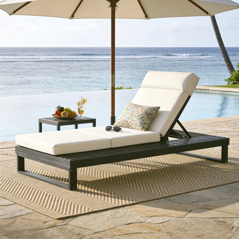 Lounge Chaise Set With Headrest, Space Available On One Side, Acacia Wood With Water-Resistant Lounge Cushions (3-Fold & 4 Inch)