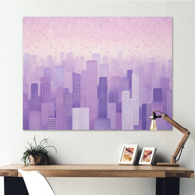 «Lilac Layers Skyscrapers», horizon urbain sur toile, Toile tendue, 24" H x 32" W