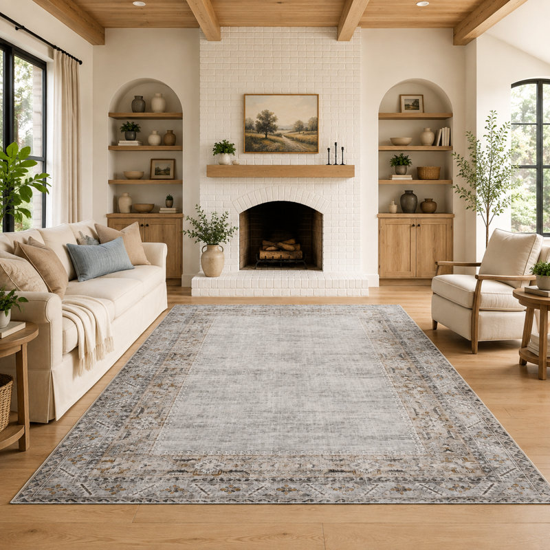 Tapis rétro à bord vieilli avec envers antidérapant, Grey Green, 9*12ft