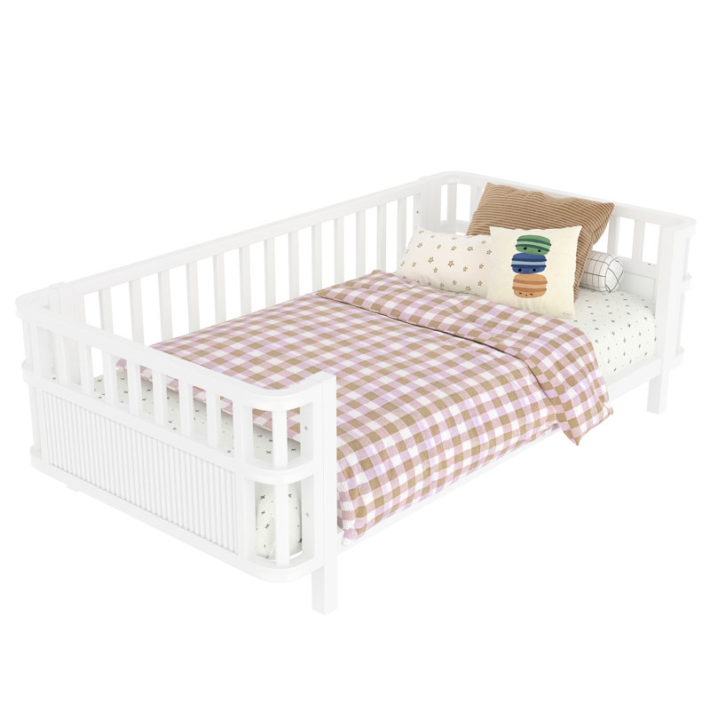 Twin Low Iron Bed Frame With For And , White, Safe, Made Of Engineered Wood, American Style In Bedroom