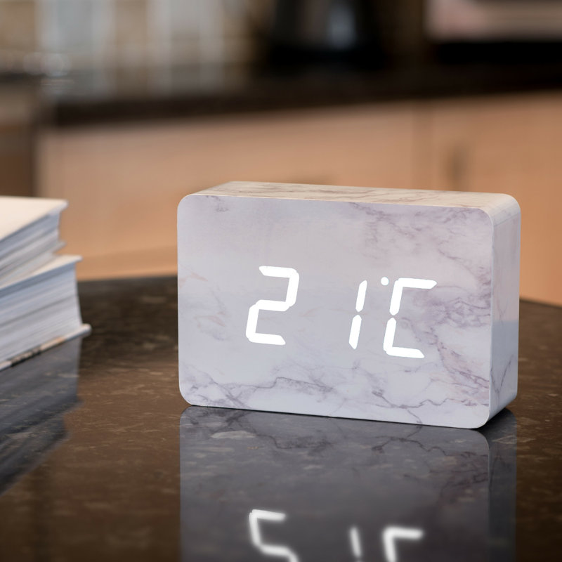 Digital Birch Solid Wood Electric Alarm Tabletop Clock, Marble/White