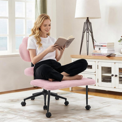 Fauteuil de méditation ergonomique à jambes croisées – Pivotant à 360°, hauteur réglable, soutien lombaire, large repose-pieds, tissu doux pour la maison, le bureau, le yoga et la relaxation – Couleur : Fourrure douce | Rose