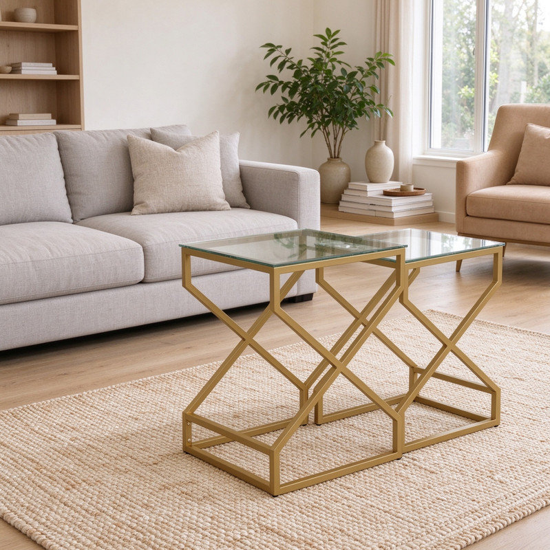 Clear Glass Nesting End Table Set, Golden Leg Accent Tables for Contemporary Interior Spaces