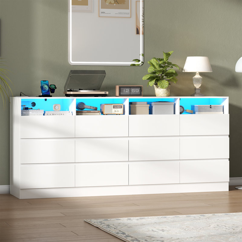 Wrought Studio™ 12-Cell Divided Drawer Dresser With Charging Station & Led Lights For Bedroom, Long 63" Quadruple Wide Dresser TV Stand For Tvs Up To 75", Large Dressers Organizer With 4 Open Cubbies For Room
