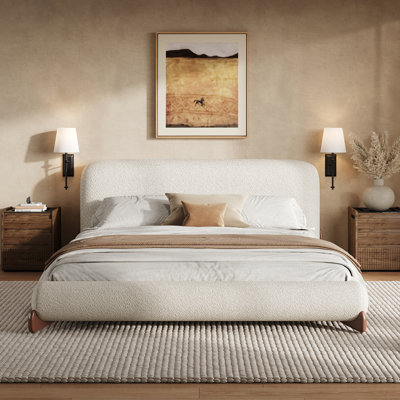 Paris Boucle Upholstered Platform Bed With Thick Headboard & Solid Wood Legs by NFusion