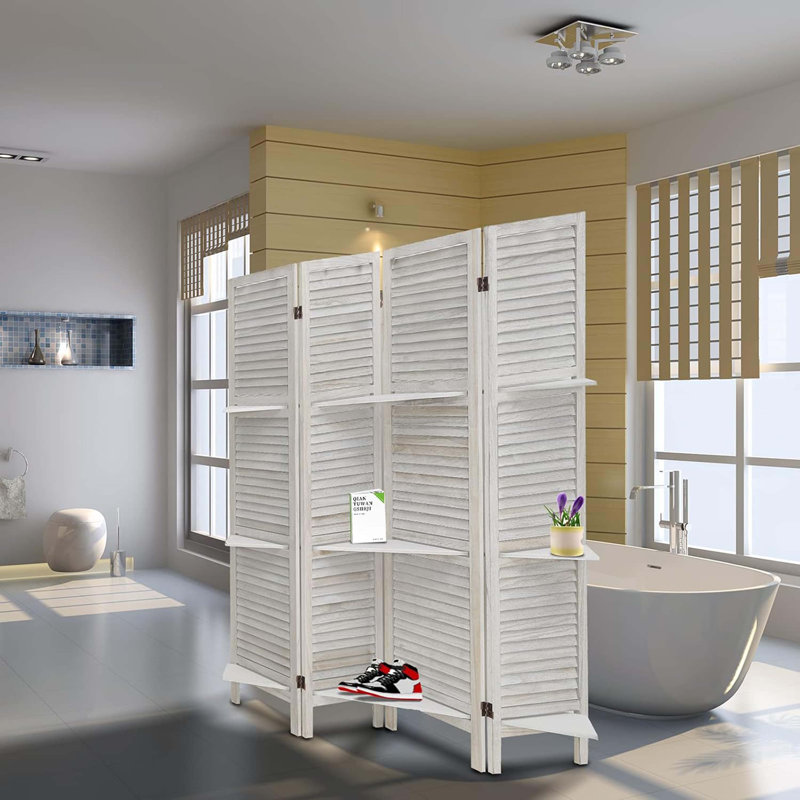 4 Panel Wood Room Divider Screen with Shelves - Freestanding Partition with Display Shelves, Grey
