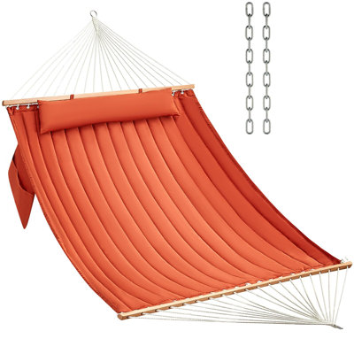 Double Quilted Fabric Hammock with Hardwood Spreader Bars & Pillow, 450lbs Capacity