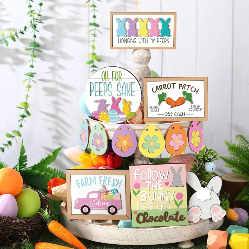 Décoration de Pâques à plateaux à paliers de campagne, décorations de printemps en bois, mini lapins, œufs, signes, décor de printemps pastel, décorations de plateaux de Pâques, décor de printemps rustique pour table de cuisine