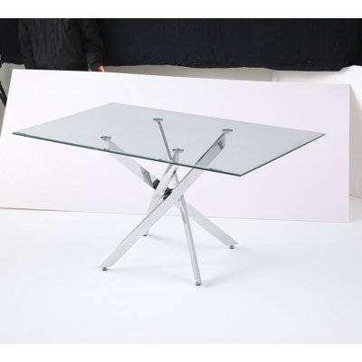 Table rectangulaire moderne en verre, 59,06 pouces de verre trempé avec cadre en métal. Ensemble de table de cuisine pour salle à manger, table de fête, table de conférence, salon, bureau, café, cuisine à domicile, chambre à coucher