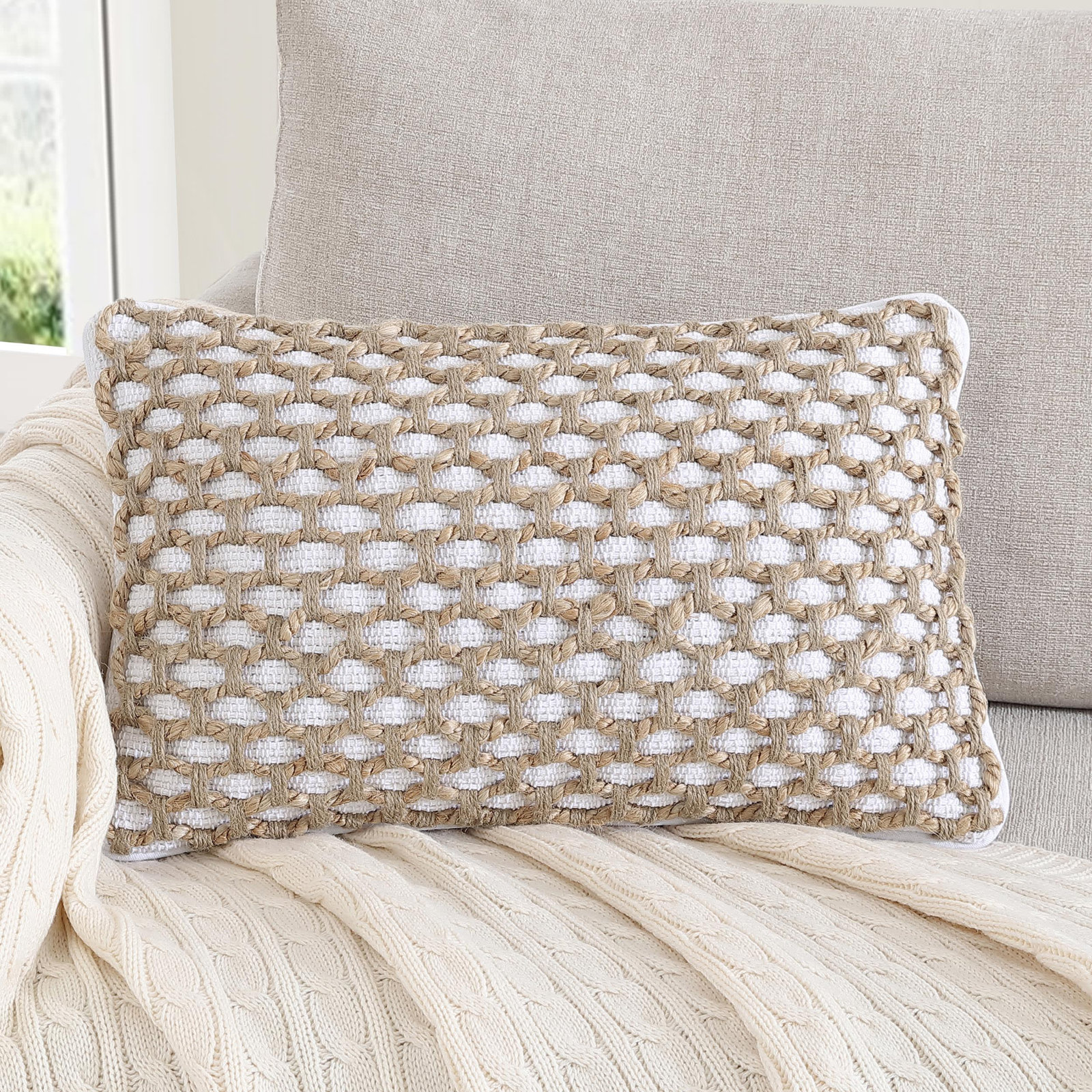Ablo Textured Cotton Throw Pillow, White/Natural, Rectangular 12"H x 20"W