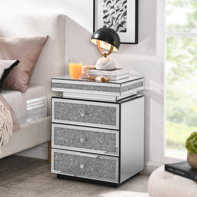 Table de chevet argentée à miroir avec 3 tiroirs, côté cristal incrusté pour la chambre à coucher, table de chevet l 13,8 po x l 17,6 po