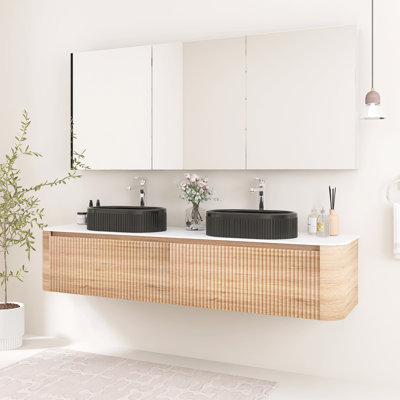 Meuble-lavabo mural 72 pouces avec double vasque en céramique, deux tiroirs et porte-serviettes