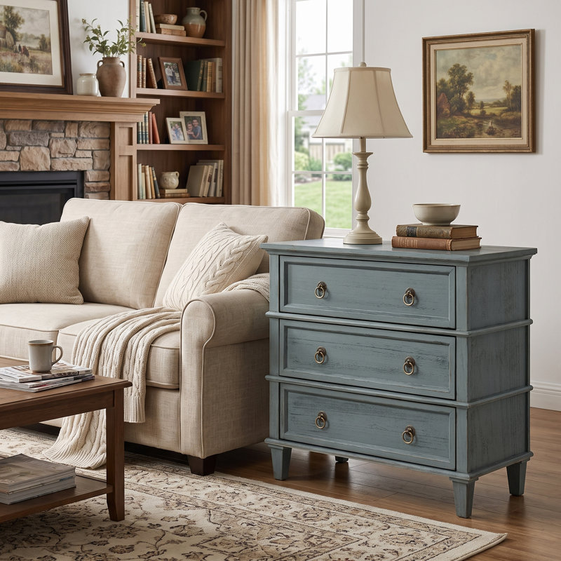 Allisa 28"W 3-Drawer Solid Wood End Table With Built-In Charging Station And Simple Assembly, Blue