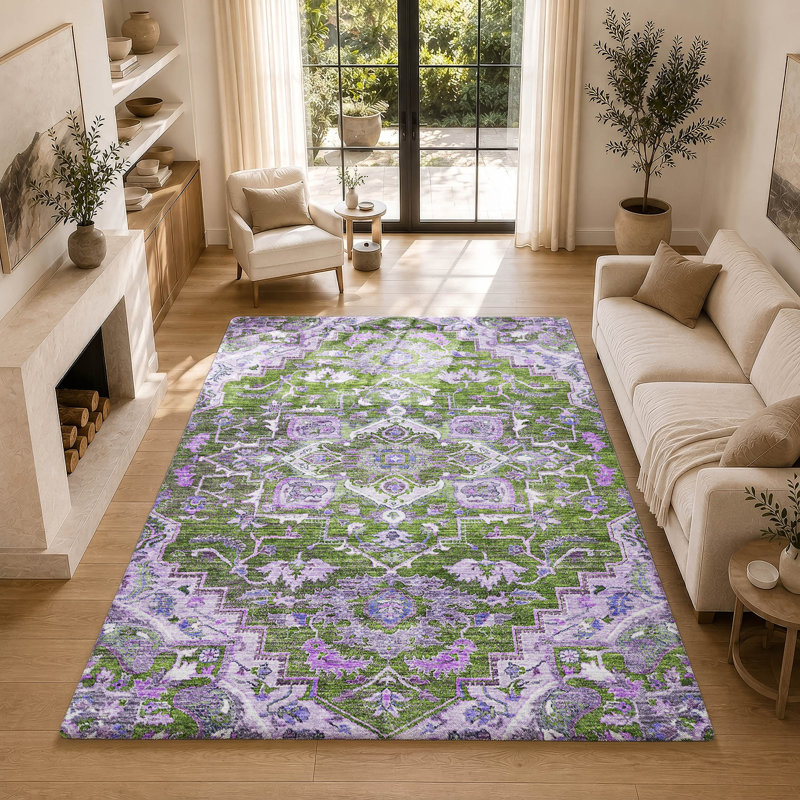 Tapis oriental à poils longs de qualité supérieure lavable à la machine ADS774, Olive, 10 pi x 14 pi