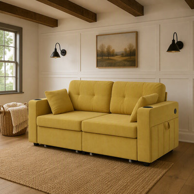 Modern Three-Seat Chenille Sofa with Built-in USB Charging Ports, Storage Chaise, Cup Holder, and Wood Frame for Living Room or Apartment.