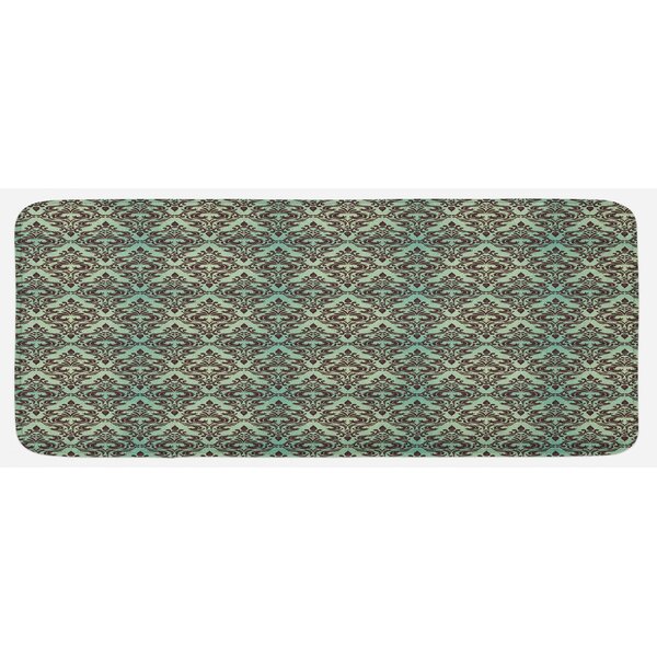 Mint Background with Ornamental Surreal Curved Leaves Buds Flowers Print Mint Green Dark Brown Kitchen Mat East Urban Home