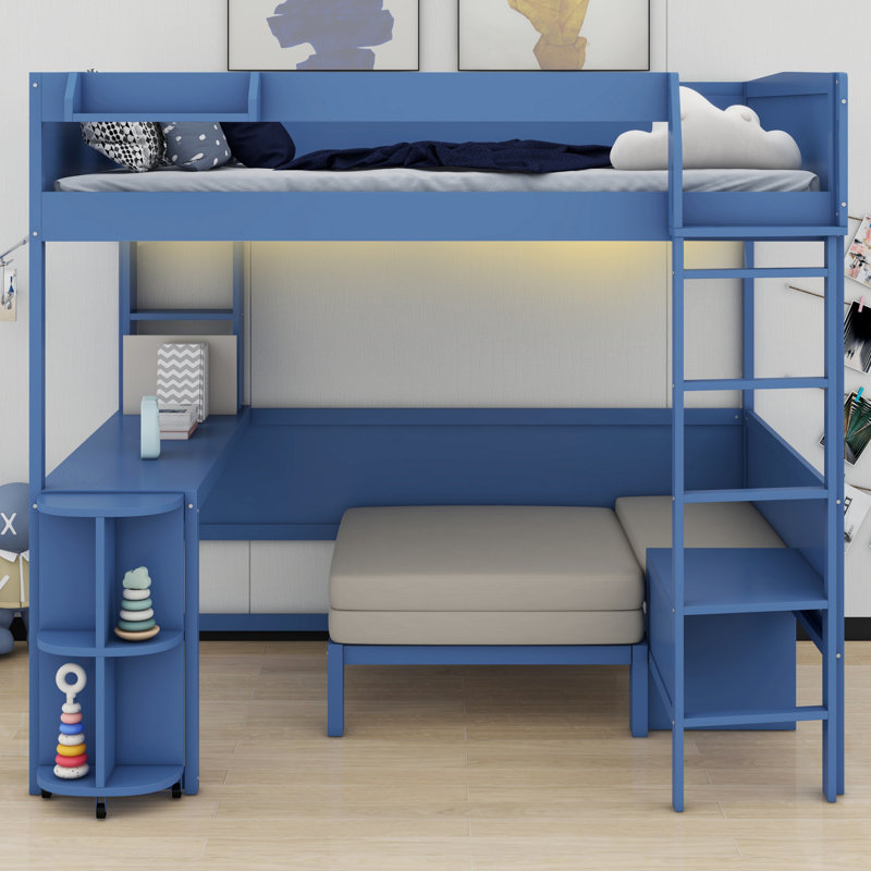 All-in-One Wood Loft Bed with Desk, Bedside Storage, Sofa and Lighting, Navy Blue