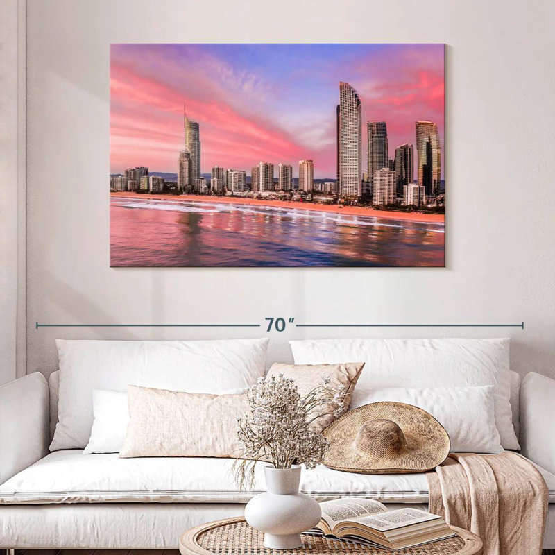 Skyline de paradis des surfeurs roses, H 32 po x l 48 po