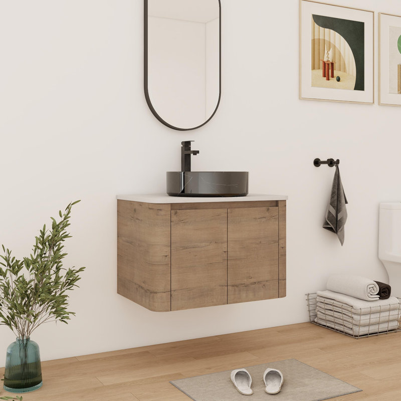 Meuble-lavabo flottant simple 30 po avec comptoir en céramique, Noir / blanc, 30", Brun