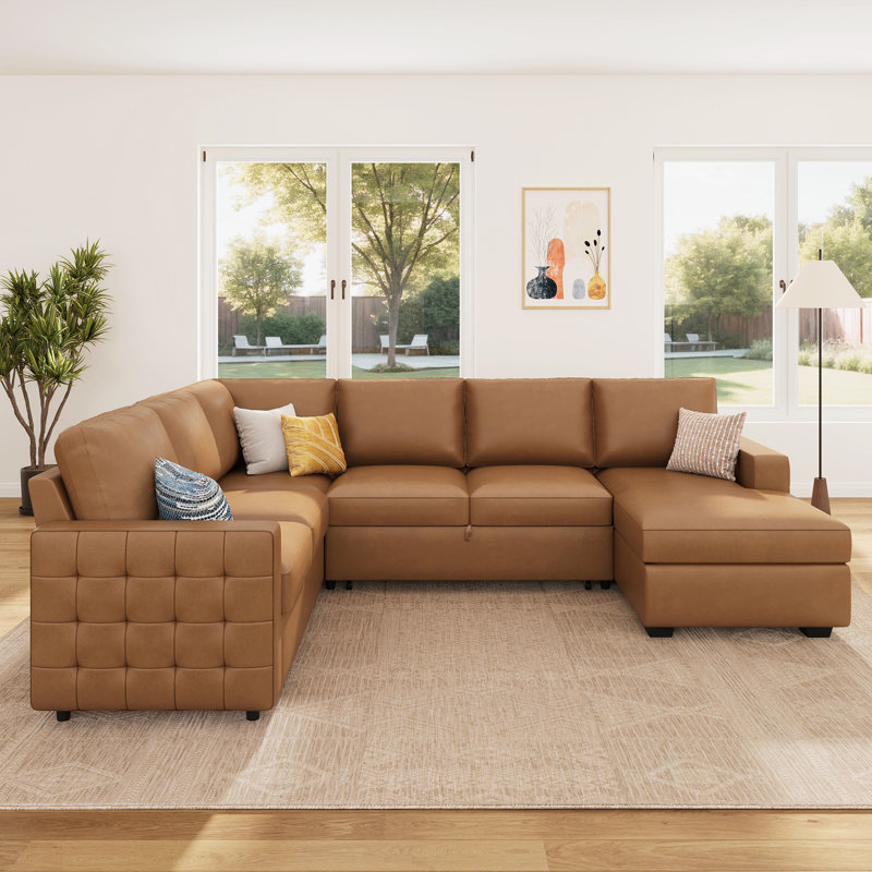 Cottone U-Shaped Faux Leather Sectional Sofa Bed with Pull-Out Sleeper and Storage Chaise