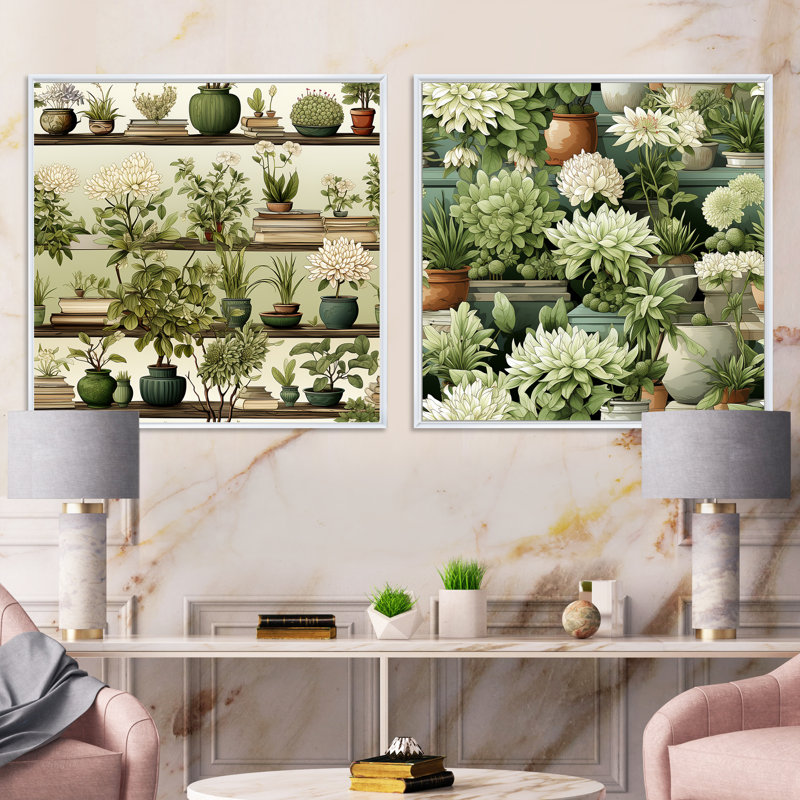 Karsyn - Ensemble de 2 collages carrés floral et botanique, H 16 po x l 33 po, Cadre flottant blanc