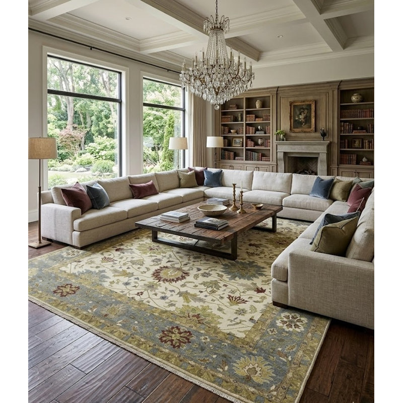 Tapis oriental crème crème à motif floral Osh Chobi 10 x 10 fait à la main Peshawar, Rectangle 11 pi 10 po x 14 pi 10 po