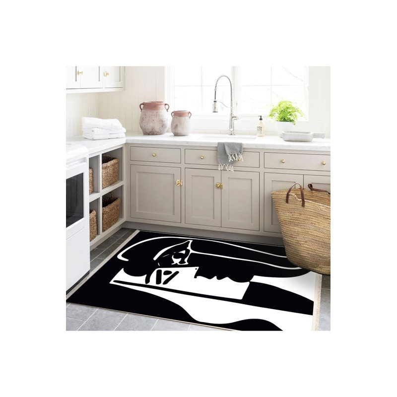 Tapis noir lavable à la machine à motif abstrait moderne de la collection Barcelona, Rectangle 4 pi 7 po x 6 pi 7 po
