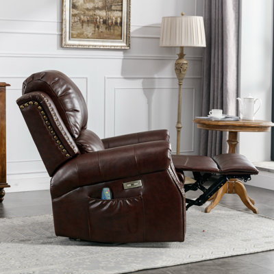 Maxwellton 38" Wide Top Faux Leather Power Standard Recliner Chair Brass Nail Decoration Massage Heating with USB Port