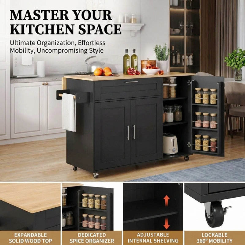 Drop Leaf Rolling Kitchen Islands 132.5 cm W Kitchen Island with, Black