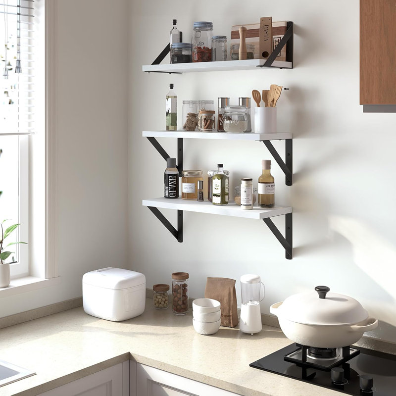 Floating Shelves Set Of 3,  Wall Mounted Shelves For Bathroom Bedroom Kitchen, Rustic Wood Hanging Shelves With Heavy Duty Brackets, Space Saving Storage Solution