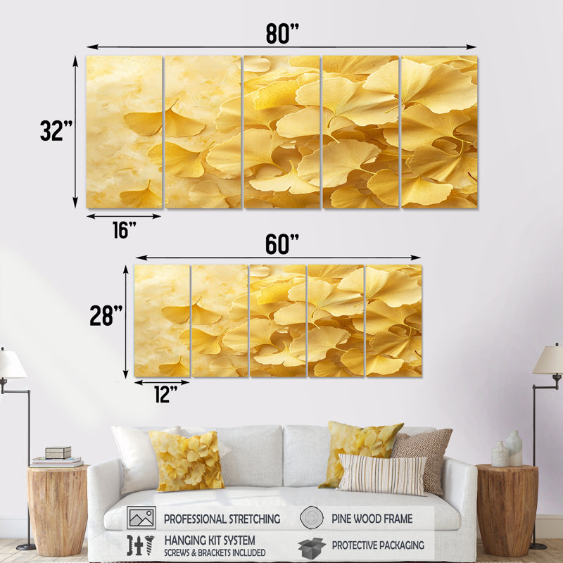 «Golden Ginkgo Leaves» Harmoy III - art mural Ginkgo - ensemble d'art mural traditionnel, H 32 po x l 80 po, 5