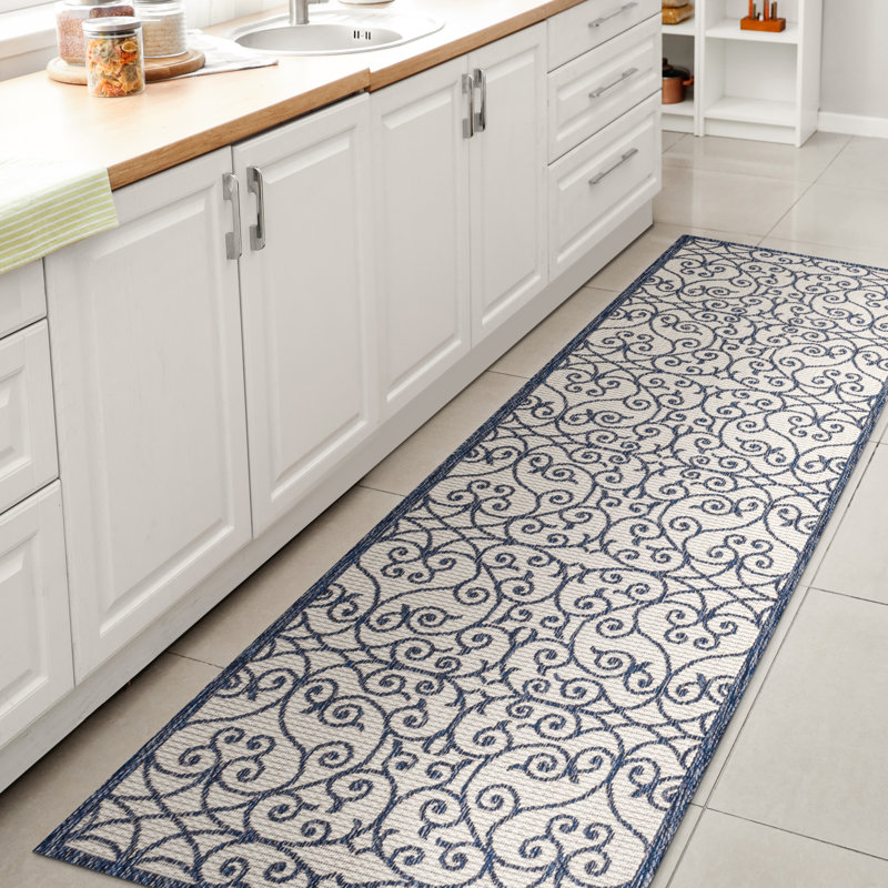 Deronte Vintage Filigree Textured Weave Blue/Cream Indoor/Outdoor Rug, Runner 2'2" x 10'