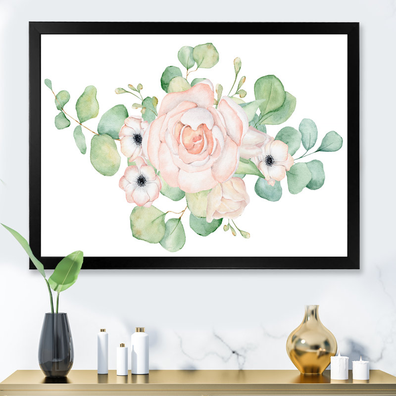 Fleurs et bouquet de feuilles d'eucalyptus II - Peinture sur toile, H 34 po x l 44 po x P 1,5 po, Cadre noir