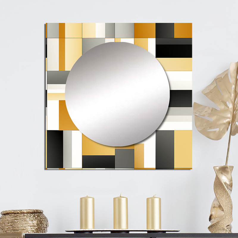 Taupe géométrique Blocks Harmony - art moderne carré de miroir mural de salon, 29 po x 29 po