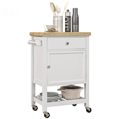 Utility Kitchen Cart, Rolling Island With Rubberwood Top, Narrow Butcher Block On Wheels For Compact Spaces