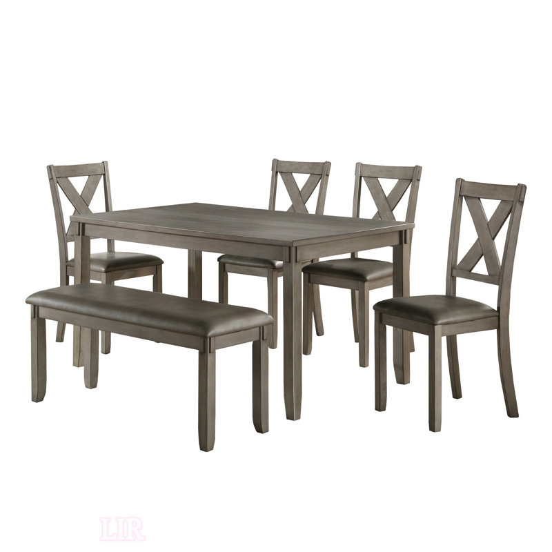 Ensemble de salle à manger 6 pièces transitionnel avec sièges rembourrés, similicuir gris et table en bois pour les cuisines et les salles à manger modernes