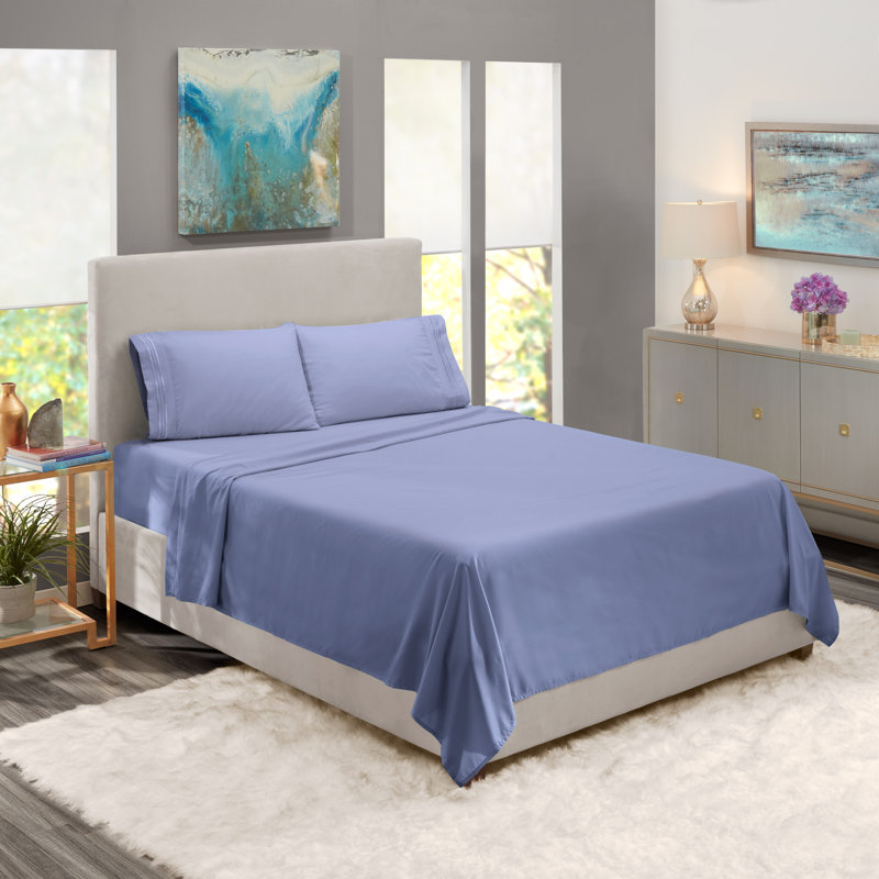  Ensemble de draps double brossé de luxe pour hôtel avec draps et taies d'oreiller très doux, Bleu acier, Simple TG