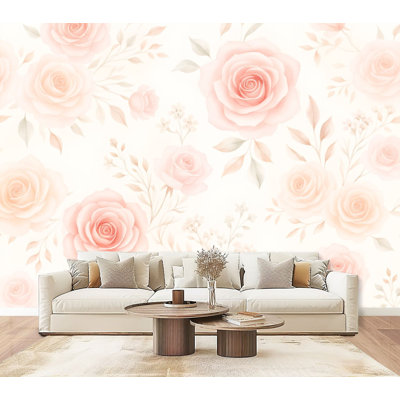 Papier peint à peler et coller, roses, aquarelle, pêche, roses, fleurs délicates, feuilles murales, H 69 po x l 96 po, papier peint amovible en PVC, adhésif pour décoration de chambre à coucher, canapé, fond
