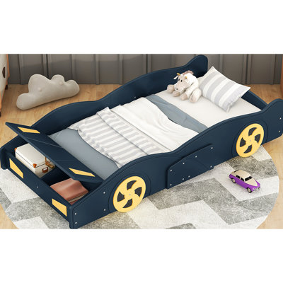 Lit plateforme simple avec thème voiture de course et espace de rangement, fabrication en bois fiable pour les roues de confort de la chambre à coucher - bleu foncé + jaune, longévité solide, conception confortable