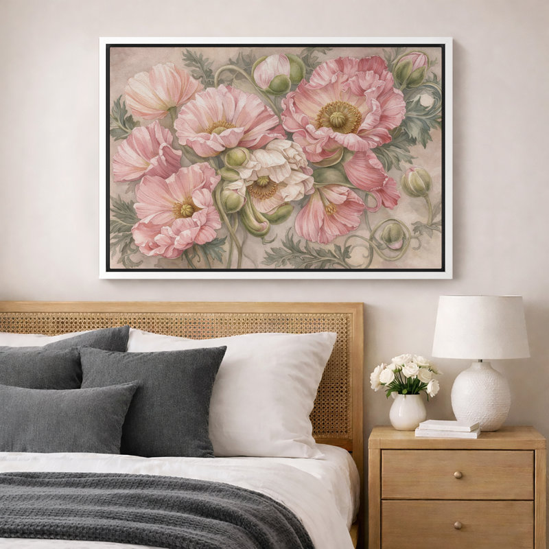 «Blush Pink Poppy», impression botanique sur toile, Cadre flottant blanc, H 24 po x l 36 po